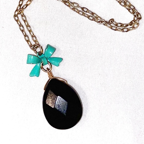 RARE- VTG Jami Black Egg & Teal Bow Long Necklace